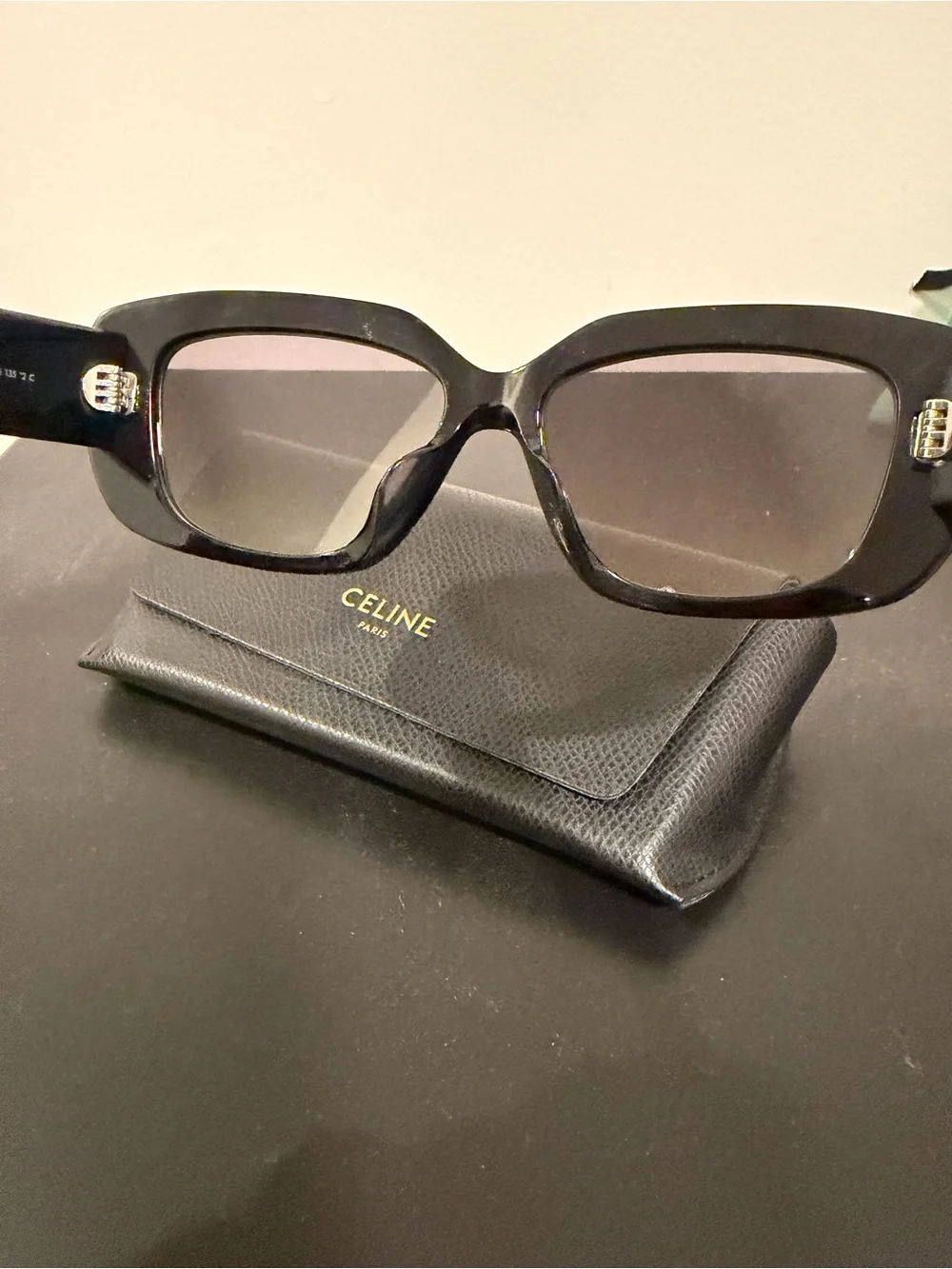 AUTHENTIC Celine Black Square Sunglasses with Gold Logo Accent